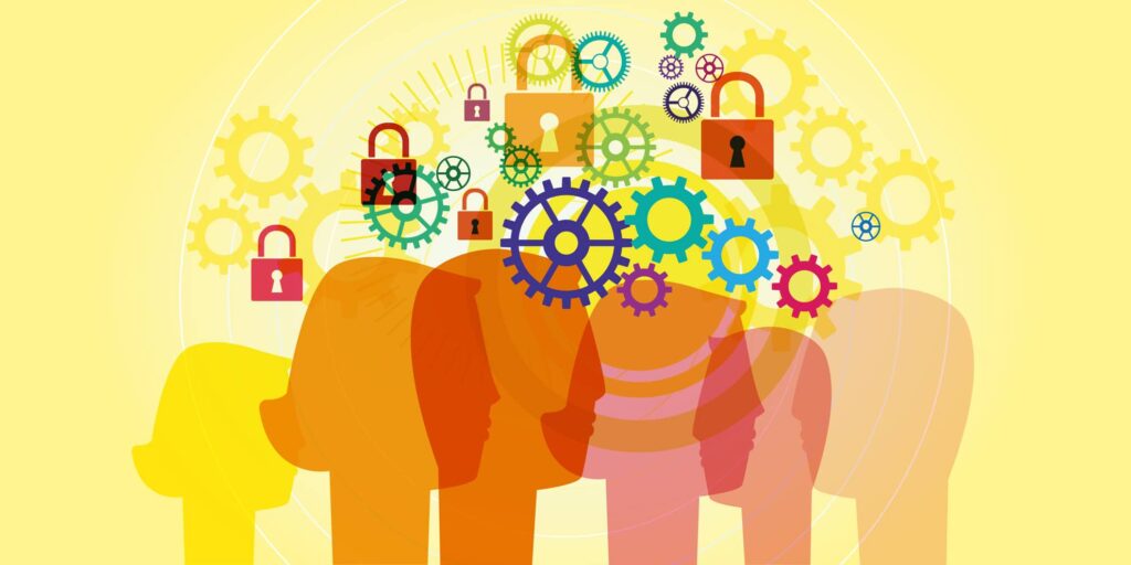 Zahnräder und Schlösser über Köpfen