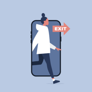 Frau läuft durch Handybildschirm