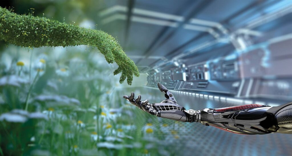 Roboterhand und grüne Pflanzenhand
