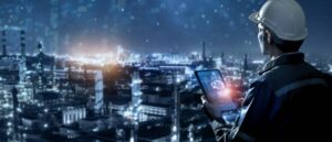 mann mit Tablet digitalisiert Stadt