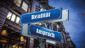 Straßenschilder "Realität" und "Anspruch"