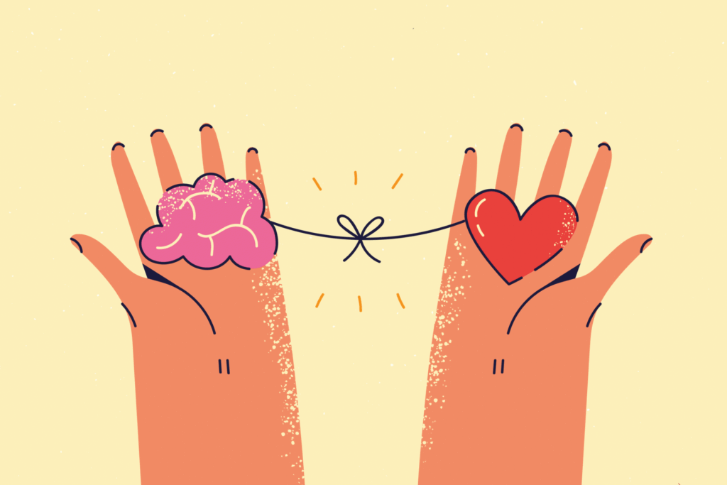 Zwei Herzen, die jeweils ein Herz bzw. ein Hirn halten, die mit einer Schnur verbunden sind.