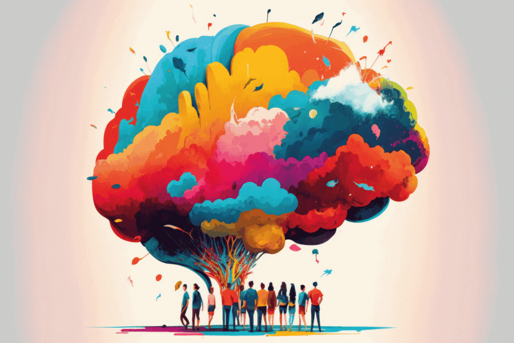 Menschen unter einer bunten Wolke