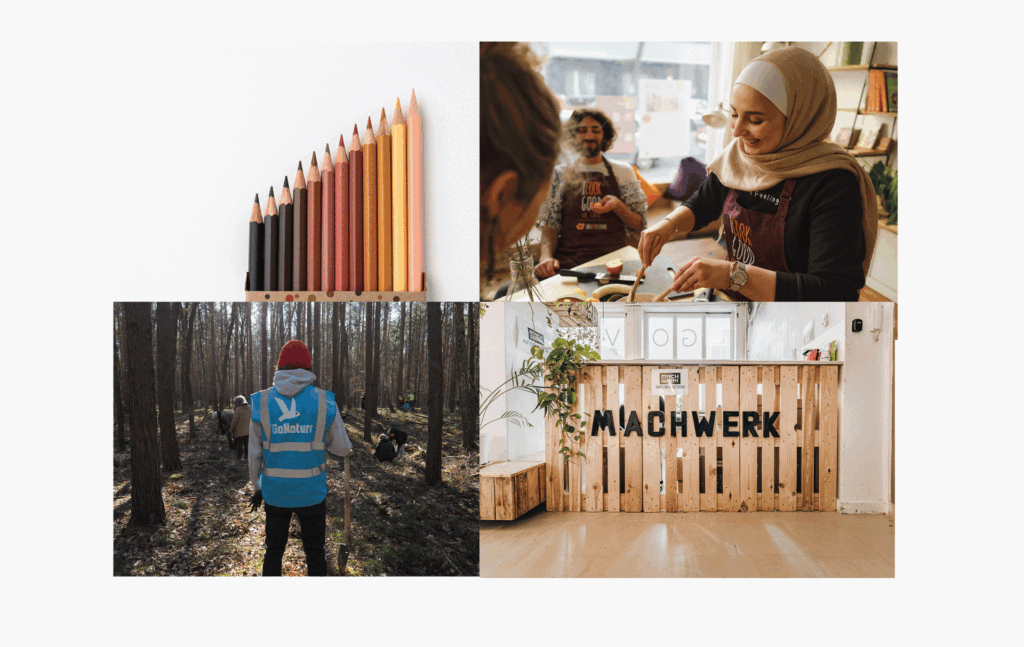 Collage aus Buntstiften, internationalen Verkäuferteam, Umweltschutz und einem modernen Büro