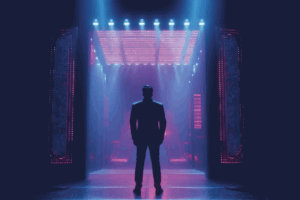 Türsteher vor beleuchtetem Eingang