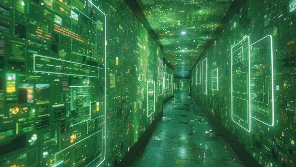 Grüner Raum mit digitalen Vernetzungen an den Wänden.