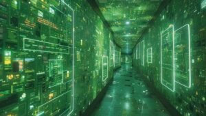 Grüner Raum mit digitalen Vernetzungen an den Wänden.