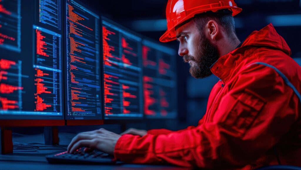 Mann tippt an einer Tastatur vor einem Bildschirm