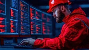 Mann tippt an einer Tastatur vor einem Bildschirm