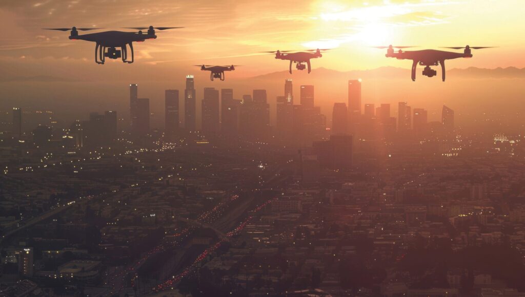 Drohnen fliegen über eine Stadt