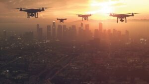 Drohnen fliegen über eine Stadt