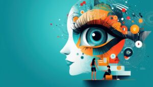 Bunte Illustration mit einem Gesicht und Menschen