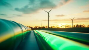 Aussicht auf eine Pipeline mit Windturbinen in einer Landschaft bei Sonnenuntergang.
