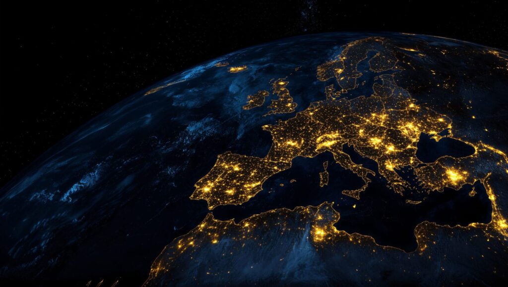 Erde aus dem Weltraum, beleuchtet durch die Lichter der Stadt bei Nacht