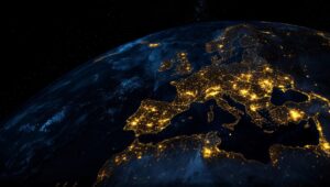 Erde aus dem Weltraum, beleuchtet durch die Lichter der Stadt bei Nacht