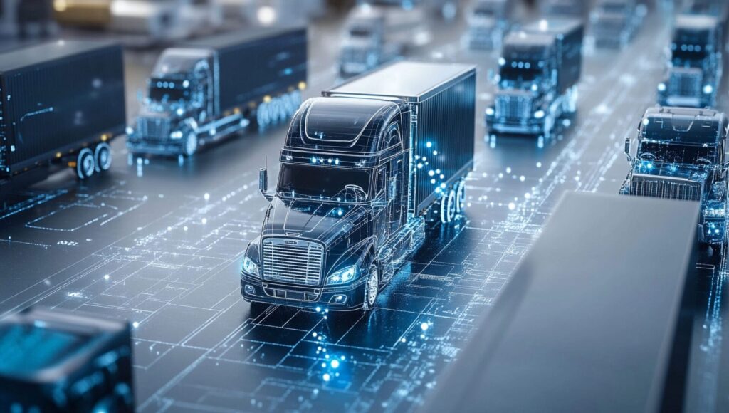 Den Weg erkennen: Autonomes Fahren neu gedacht 1 Blaue Lastwagen fahren auf einer digitalen Straße