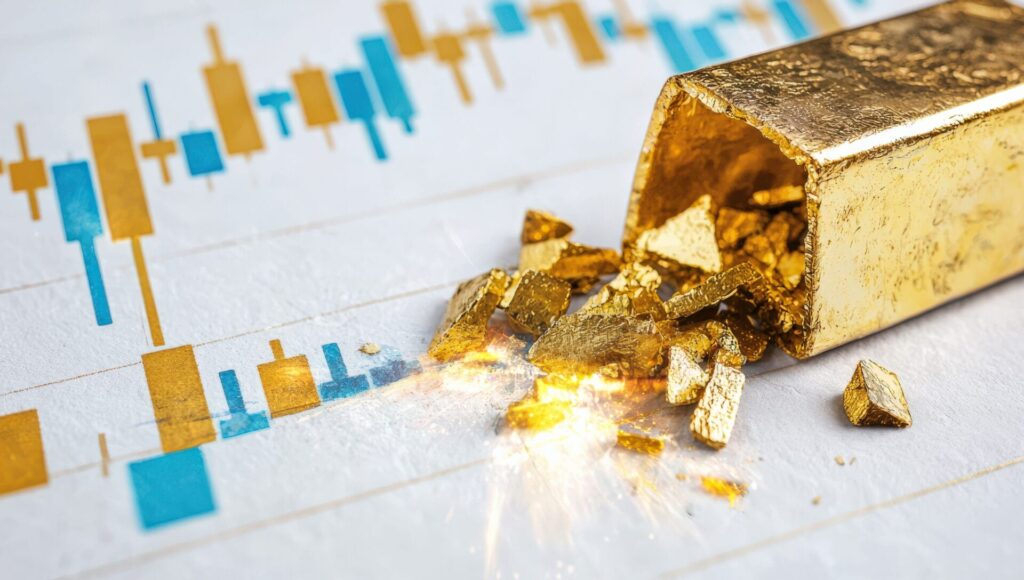 Ein Goldbarren wird mit einer Grafik der Goldpreise gezeigt. Der Goldbarren wird in Stücke zerbrochen