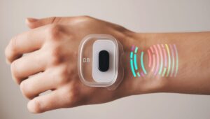 auto_awesome Meintest du: A futuristic wearable device projects colorful data patterns on a hand, showcasing technology integration with health monitoring. 131 / 5.000 Ein futuristisches tragbares Gerät projiziert bunte Datenmuster auf eine Hand und demonstriert so die Integration der Technologie in die Gesundheitsüberwachung