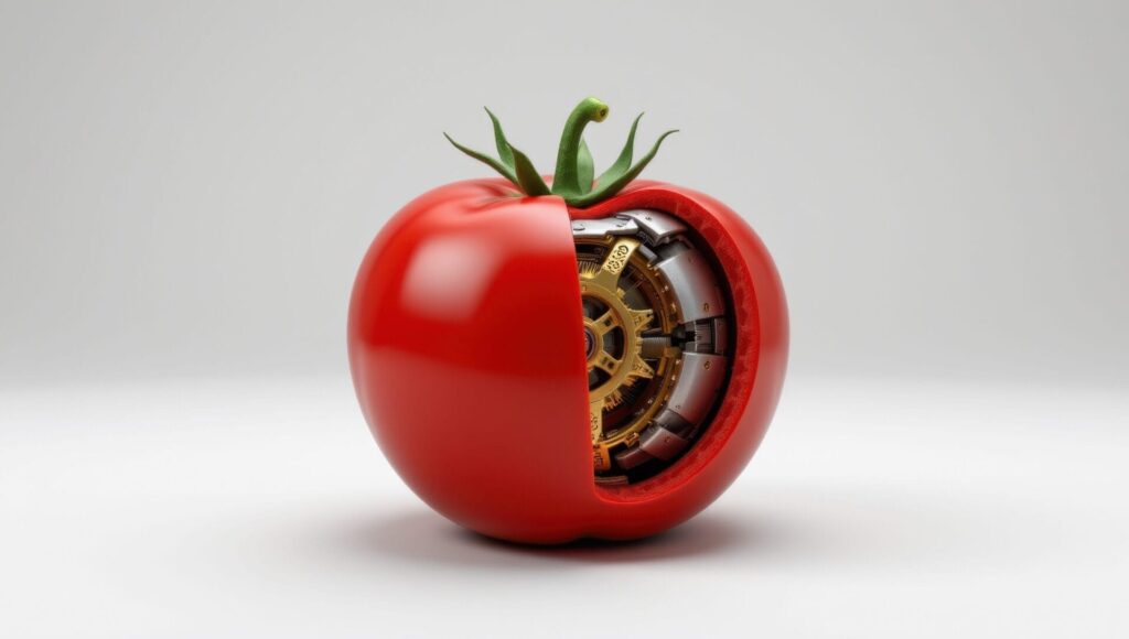Zwischen Zahnrad und Zelle: Bioprozesse als Teil industrieller Wertschöpfung 6 Technologie trifft Natur eine mechanisierte Tomate Studio-Kulisse surreale Komposition Nahaufnahme