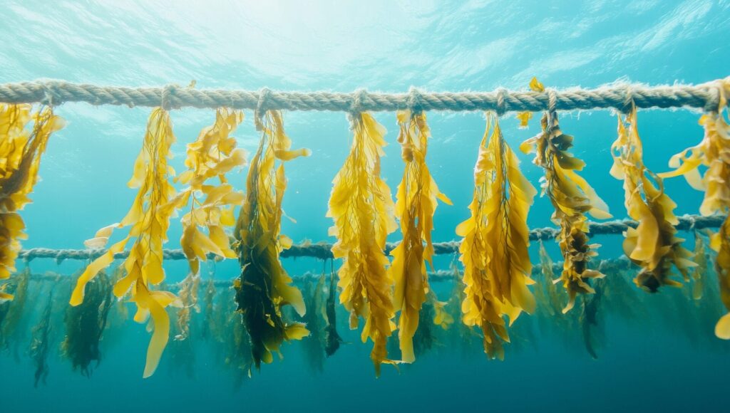 Nahaufnahme verschiedener Algenarten, die unter Wasser an Seilen kultiviert werden und leuchtende Farben und Texturen zeigen. Die ruhige Unterwasserszene ruft ein Gefühl der Ruhe hervor