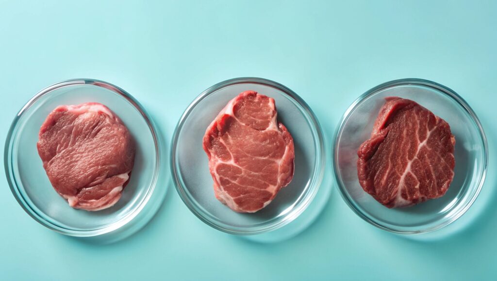 Drei Petrischalen mit kultivierten Fleischproben, die in einer Reihe auf blauem Hintergrund angeordnet sind, veranschaulichen Fortschritte in der sauberen Proteintechnologie und der Lebensmittelnachhaltigkeit.