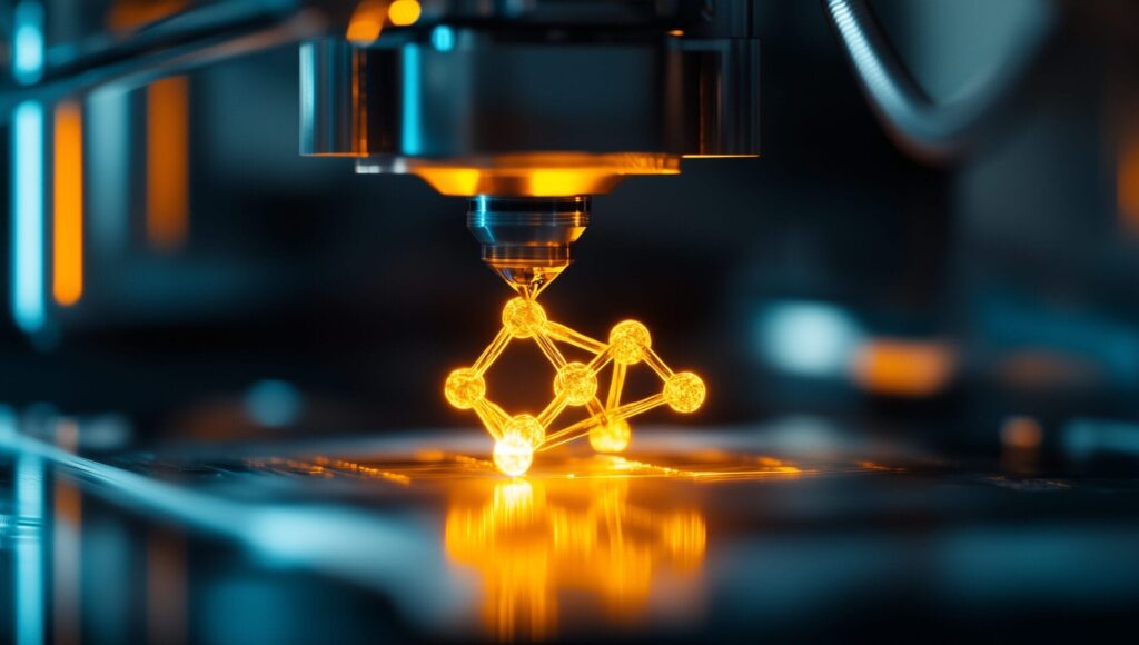 3D-Drucker im Nanomaßstab, der eine leuchtende Molekülstruktur erzeugt, wobei Präzisionswerkzeuge scharf sichtbar sind.