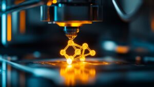 3D-Drucker im Nanomaßstab, der eine leuchtende Molekülstruktur erzeugt, wobei Präzisionswerkzeuge scharf sichtbar sind.