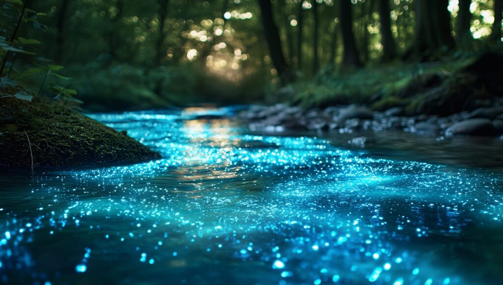 Leuchtender Fluss des Lebens in einem biolumineszierenden Wald