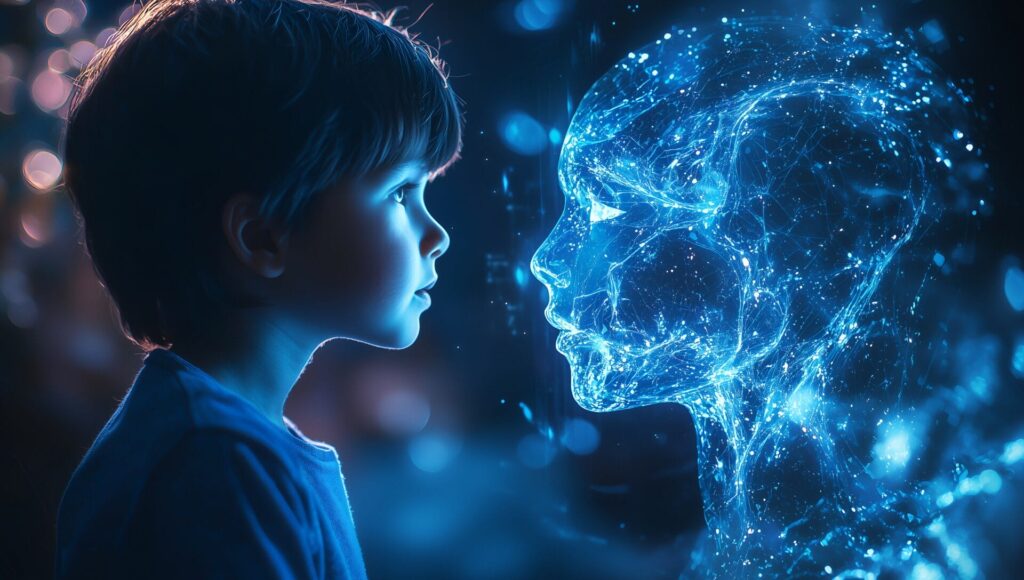 Surreale Erkundung von Kind und KI: Traumhafte Neon-Interaktion in futuristischer digitaler Landschaft