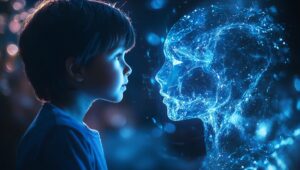 Surreale Erkundung von Kind und KI: Traumhafte Neon-Interaktion in futuristischer digitaler Landschaft