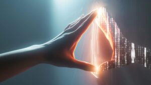 Konzept des digitalen Zwillings. Ein Finger berührt und verbindet sich mit einem digitalen Finger, um sowohl die physische als auch die digitale Welt zu aktivieren. Geschäfts- und Technologie-Simulationsmodellierung