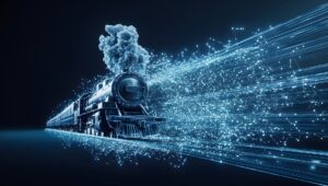 faszinierende Szene einer Dampfmaschine, die durch den Weltraum rast und Kraft und Technologie in einer fesselnden Verschmelzung von Vergangenheit und Zukunft vereint.