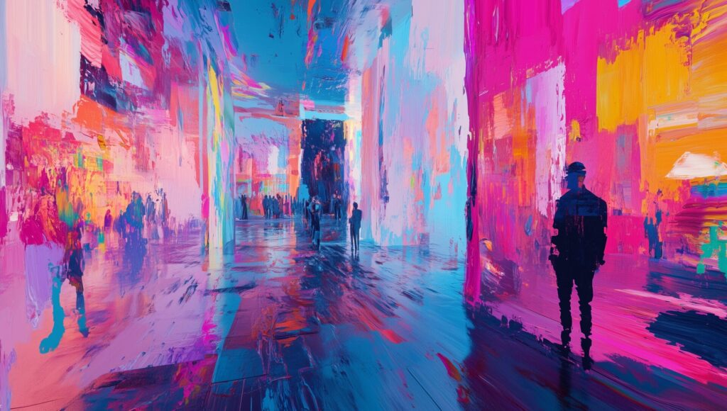 Farbenfrohe Erkundung einer KI-generierten Kunstgalerie mit lebendigen abstrakten Stilen und einer lebendigen Atmosphäre, in der sich Besucher mit moderner Kunst auseinandersetzen
