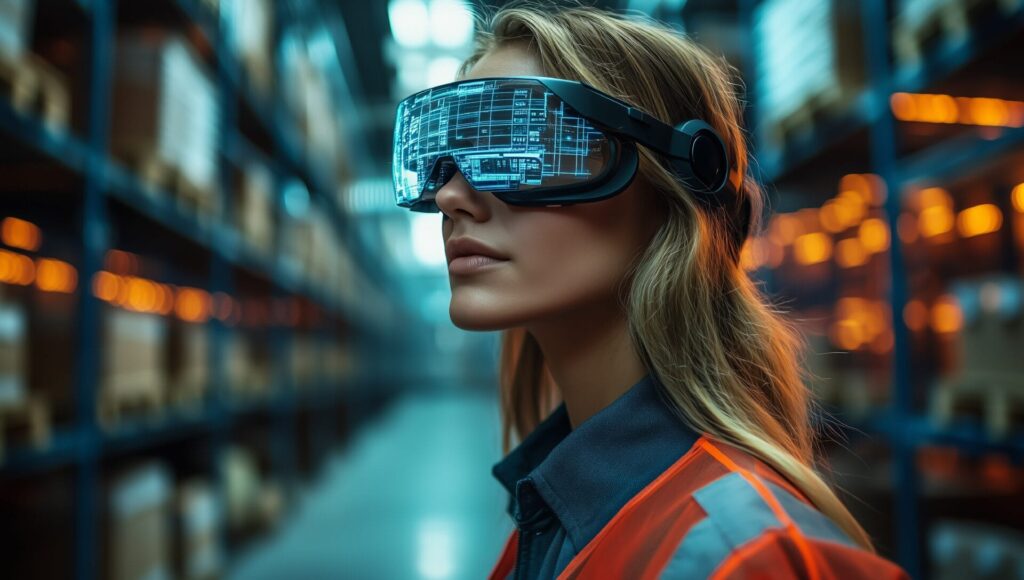Industriearbeiter nutzt Augmented-Reality-Headset in einem Lager während einer arbeitsreichen Abendschicht