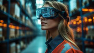 Industriearbeiter nutzt Augmented-Reality-Headset in einem Lager während einer arbeitsreichen Abendschicht