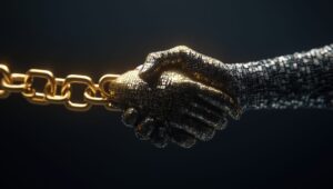 Abstrakter Händedruck aus metallischen und goldenen Händen, der eine Blockchain-Verbindung bildet. Digitales Vertrauenskonzept