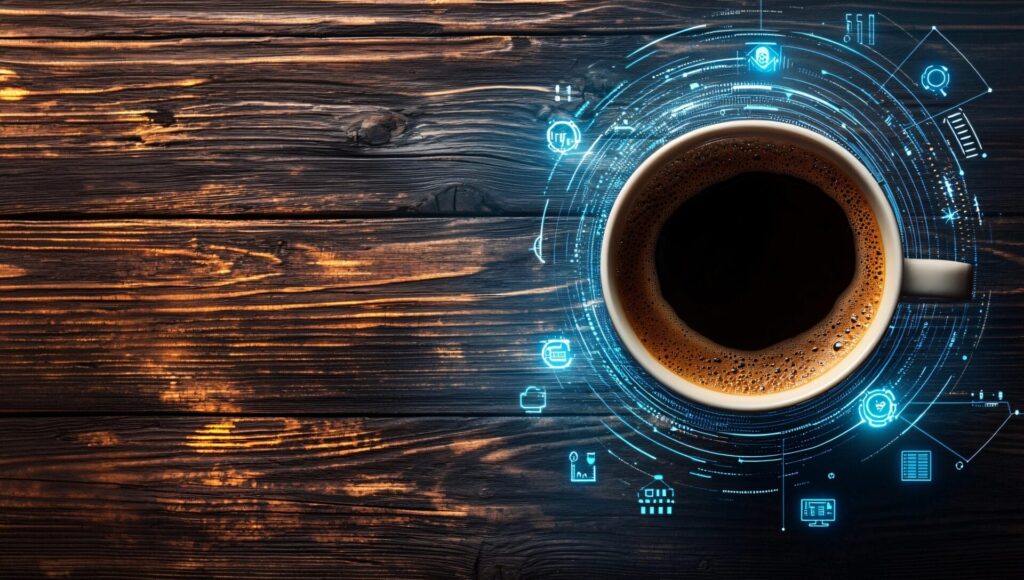Draufsicht auf eine Kaffeetasse auf einem Holztisch mit sanftem Sonnenlicht, minimal leuchtenden blauen technischen Linien und schwebenden Datensymbolen um die Tasse, Mischung aus ruhiger Café-Atmosphäre und digitaler Eleganz