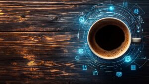 Draufsicht auf eine Kaffeetasse auf einem Holztisch mit sanftem Sonnenlicht, minimal leuchtenden blauen technischen Linien und schwebenden Datensymbolen um die Tasse, Mischung aus ruhiger Café-Atmosphäre und digitaler Eleganz