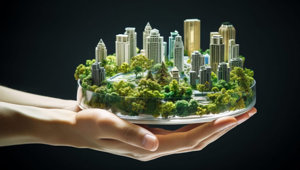 Bausteine für alle! Digitale Mitgestaltung in der Stadtentwicklung 1 Hand hält ein Miniatur-Stadtmodell mit Bäumen und Stadtbild im Hintergrund