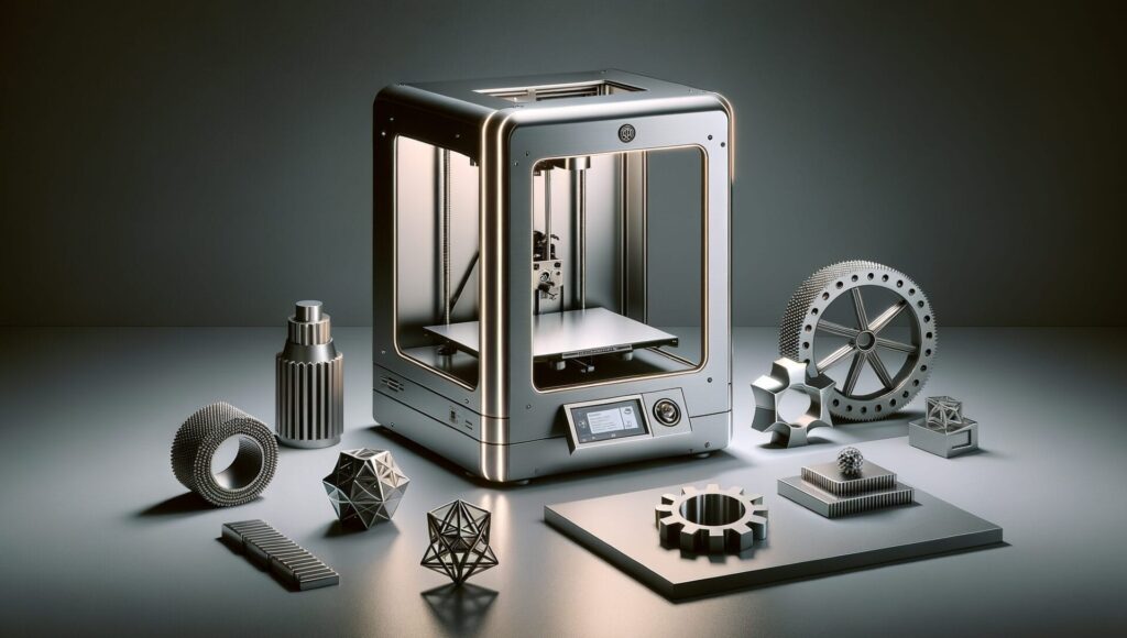 Eleganter 3D-Drucker mit Y2K-Designelementen und gedruckten Objekten auf einem sauberen Schreibtisch