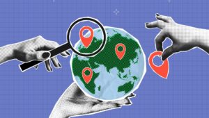 Collage: Globus, Standorte und Hände