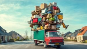 Umzugswagen, der mit einer überdimensionierten Menge an Möbeln, Kartons und Haushaltsgegenständen beladen ist und durch eine Wohnsiedlung fährt.