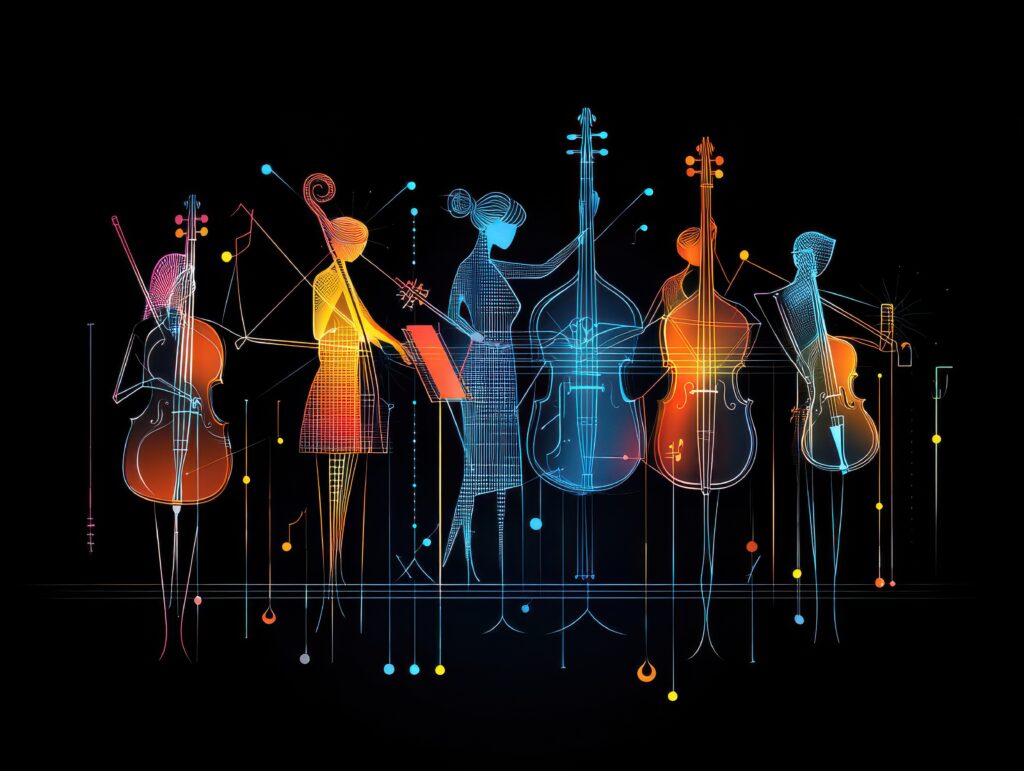 stilisierte Musikerinnen und Musiker mit Streichinstrumenten, die gemeinsam ein Orchester bilden und symbolisch das Zusammenspiel verschiedener Elemente zu einem harmonischen Ganzen darstellen