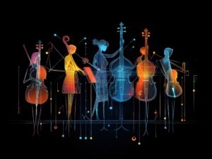 stilisierte Musikerinnen und Musiker mit Streichinstrumenten, die gemeinsam ein Orchester bilden und symbolisch das Zusammenspiel verschiedener Elemente zu einem harmonischen Ganzen darstellen