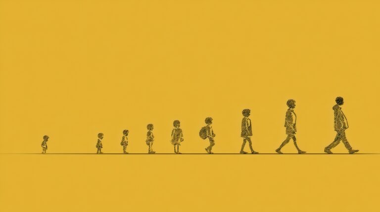 eine stilisierte Abfolge von Menschen vom Kind bis zum Erwachsenen und symbolisiert Entwicklung, Wachstum und den Lebensweg