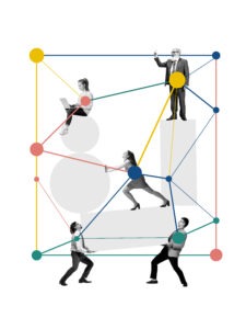 mehrere Menschen, die über ein Netz aus verbundenen Punkten miteinander verknüpft sind und gemeinsam ein komplexes System aus Zusammenarbeit, Wissen und Austausch bilden