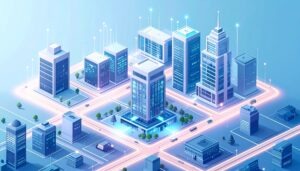 stilisierte digitale Stadt, in der Gebäude über leuchtende Linien miteinander verbunden sind und damit ein vernetztes Smart-City-System aus Daten, Infrastruktur und Kommunikation symbolisieren