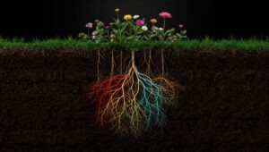 Blumen, deren unterirdische Wurzeln sich zu einem farbigen Netzwerk verzweigen und damit die verborgenen Verbindungen und Grundlagen von Wachstum symbolisieren