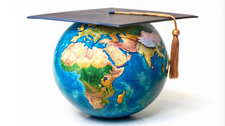 Erdkugel mit einem Absolventenhut.