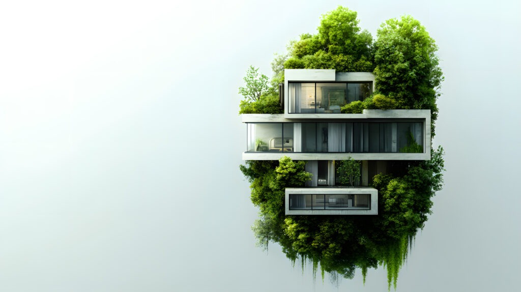 modernes Gebäude, das vollständig von Pflanzen und Bäumen umgeben ist und symbolisch für nachhaltige Architektur sowie die Verbindung von Bauwesen und Natur steht